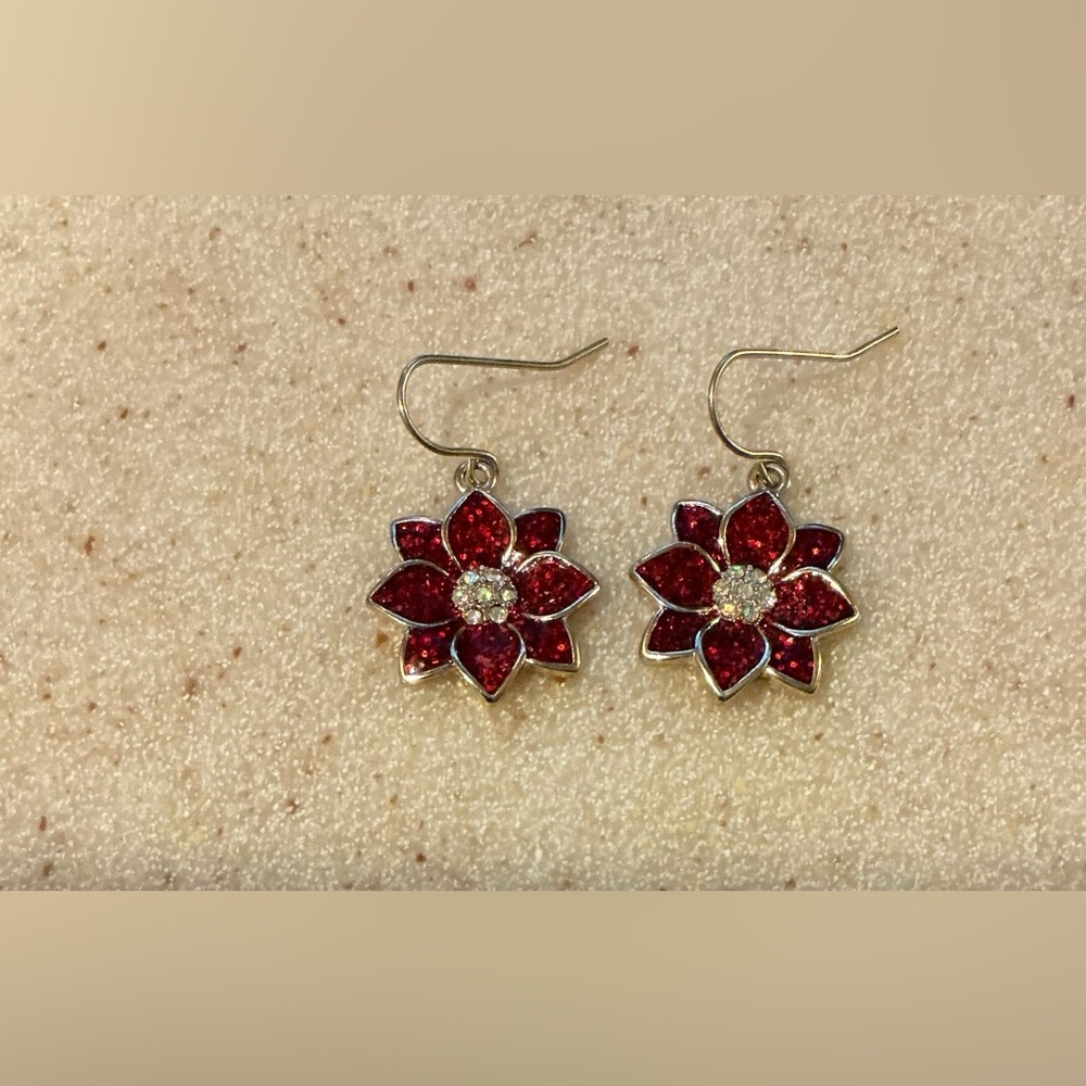 Red and Silver Floral Dangle Earrings